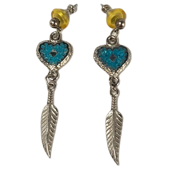 EGE Jewelry - Vintage Pewter Turquoise Heart Feather Dangle Earrings Signed EGE 1991 Southwest